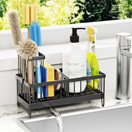 Sponge Holder for Kitchen Sink, Self Drain Sink Caddy with Brush Holder for Counter, Rustproof Kitchen Organizers and Storage with Divider, Dish Soap Dispenser Home Accessories Rack