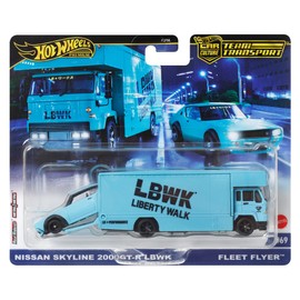Hot Wheels Premium Car Team Transport Set, LBWK Liberty Walk Nissan Skyline 2000GT-R, Fleet Flyer #69 Truck and Car, 1:64 Scale, Blue Model