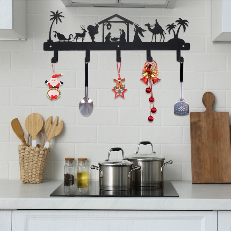 Nativity Christmas Stocking Holder, Metal Hanging Sign with 5 Hangers