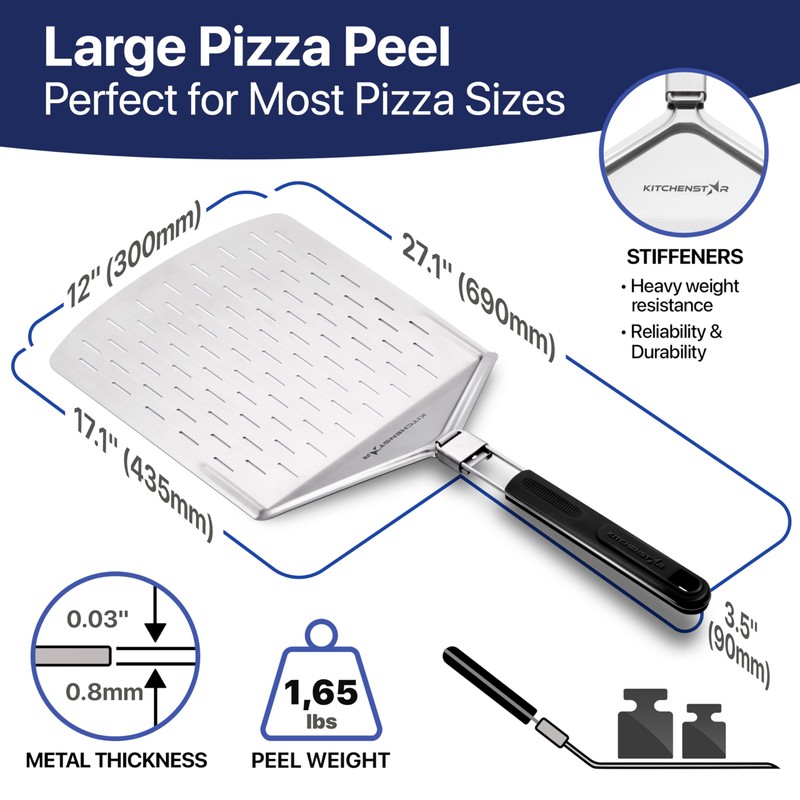 KitchenStar 12-inch Perforated Pizza Peel with Folding Handle - Stainless