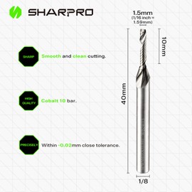SHARPRO O Flute Upcut Spiral Rouer Bit 1/8 Inch Shank 1.5mm Inch Cutting Dia. Carbide Single Flute CNC Router Bit, Ideal for Aluminum, Plastic, Acrylic, Wood, MDF and PVC