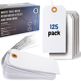 Hang Tags with Reinforced Eyelet and Strings - 125 Blank Labels with Hole Pre-Attached Iron Wire - Wired Cardboard for Labeling Price Sale Shipping Product Inventory Luggage Garage Hanging Items