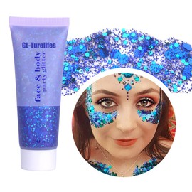 GL-Turelifes Chunky Glitter Gel Glitter Body Gel Festival Glitter Cosmetic Face Hair Nails Makeup Mermaid Sequins Liquid Eyeshadow Long Lasting Sparkling 50ml Easy to Apply, Easy to Remove (#01 Blue)