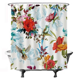 Ulticool - Shower Curtain - Bird Flower Nature - 180 x 200 cm - Bathroom Curtain - Washable - Mould-proof - with 12 Rings White - Flowers - Red Pink Orange Blue Purple Green