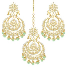 Aheli Bollywood Ethnic Chandbali Style Big Earrings Maang Tikka Set Indian Traditional Bollywood Fashion Jewelry Gift for Women Mint