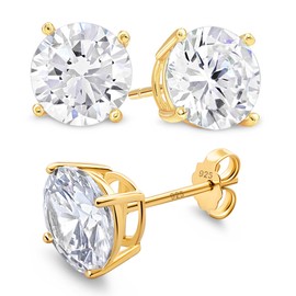 KEZEF Gold Plated Sterling Silver Stud Earrings for Women and Men, Round Brilliant Cut CZ Cubic Zirconia in .925 Silver Basket Setting, 6mm