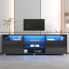 St.Mandyu LED TV Stand for 75/80 inch TV, Modern Television Table Center Media Console with Drawer and Led Lights, High Glossy Entertainment Center for Living Game Room Bedroom(Black)