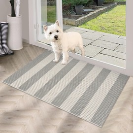 Sungea Striped Grey and White Outdoor Rug 2x3,Washable Reversible Front Door Mat Cotton Hand-Woven Porch Rug, Foldable Spring Layered Door Mats for Entryway/Farmhouse
