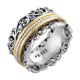 Paz Creations 925 Sterling Silver Spinner Ring for Woman, Anxiety Fidget Rings Hand Crafted, Vintage Style, with 1 Year Warranty, Yellow Gold/Silver, Size 5