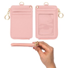 MONDO DESIGNS 2-in-1 ID Badge Holder & Lanyard Wallet - Multi-Use Womens Small Wallet with Removable Wristlet & Neck Lanyard, Clear Window, 5 Card Slots, Phone Holder, Ring Keychain - Nude Pink