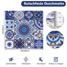 Shower Mats Non-Slip 60 x 60 cm Shower Mat Beautiful Soft Shower Mat Non-Slip Shower Tray Mat Non-Slip Safe Comfortable Standing in the Shower, Can Be Cut to Size, Highly Efficient Drainage (Blue)