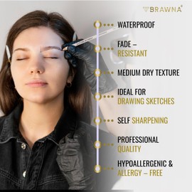 BRAWNA 6 Pcs Brow Pro Peel Off Pencils with 1 Sharpener - Waterproof Eyebrow Mapping Pencil - Microblading Supplies - PMU Kit