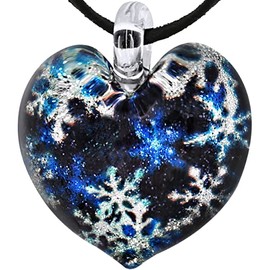 CHUVORA Hand Blown Glass Winter Snowflake Pattern Heart Pendant Necklace for Women, Blue White 16-18 inches