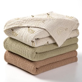 lulumoon Muslin Swaddle Blanket Baby - Receiving Swaddling Blanket Baby for Neutral Registry Gift 3Pack(Rainbow Khaiki)
