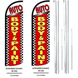 R and R Industries AUTO BODY PAINT King Flag pack of 2 Sign With Complete Hybrid Pole set