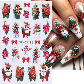 Christmas Nail Art Stickers Decals Snowman Candy Cane Christmas Nail Stickers 5PCS 3D Self-Adhesive Snowflake Ball Flower Deer Design Holiday Nail Decals Manicure Supply for Women DIY Nail Decorations