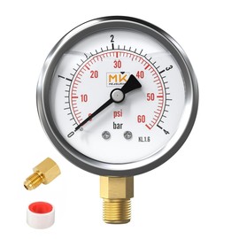Pressure Gauge Glycerine 0-4 Bar 1/4 NPT Connection, Stainless Steel Housing with Integrated Teflon for Swimming Pool Sand Filter, Pressure Reducer, Air Pressure, Tyres, Water, Gas