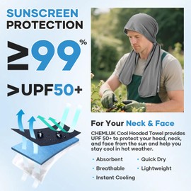 CHEMLUK Cooling Hoodie Towel - Cooling Towels for Neck and Face, Instant Cool When Wet, UPF 50 Sun Protection, Cool Towel for Hot Weather, Great for Sports, Gym, Golf, Camp 47x12
