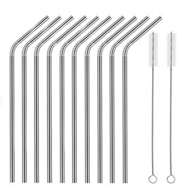 Set of 10 Stainless Steel Straws, HuaQi Bent Reusable Drinking Straws 10.5'' Long 0.24‘’ Dia for 30 oz Tumbler and 20 oz Tumbler, 2 Cleaning Brush Included (10 Bent Staw + 2 Brushes）
