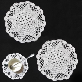 BIBITIME 2 PCS 6" to 7" Handmade Crochet Round Lace Doilies Kitchen Table Placemats Wedding Tea Flower Vase Cup Mats Coasters (White,Pack of 2)