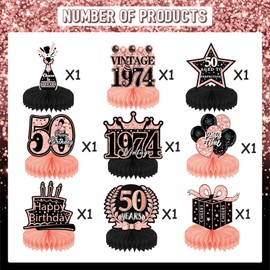 refavor 50th Birthday Decorations Women - 9pcs Retro Rose Gold 1974 Birthday Party Table Decorations Pink Honeycomb Centerpieces Paty Supplies Cheer to 50th Birthday Party Decor