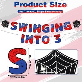 Spider Theme Birthday Banner, Pre-Threaded Ready-to-Use Cartoon Style Spider Happy 3rd Birthday Banner Hanging Bunting Garland for Party Backdrop Decor No DIY Needed(Red & Blue)