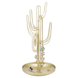 MyGift Gold Metal Jewelry Holder Stand with Ring Tray, Decorative Cactus Shaped Jewelry Tree for Necklaces and Bracelets