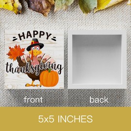 Rustic Happy Thanksgiving Wooden Box Sign Fall Cute Turkey Sign Farmhouse Decorative Wood Box Sign Block Plaque for Wall Desk Home Bathroom Decoration 5 x 5 Inches