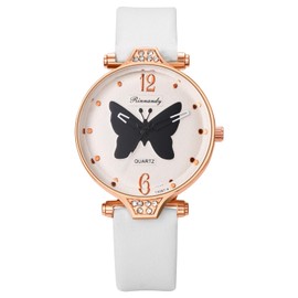 JewelryWe Butterfly Dial Leather Watch: Ladies White Simple Casual Analog Quartz Rhinestone Elegant Cute Preppy Wrist Watch for Gift Women Girls