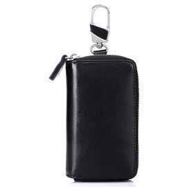 Genuine Leather Key Case Car Key Wallet with 12 Hook Zip Around Keychain Holder for Men and Women (Black Smooth Leather)