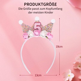 Onperpoe 5 Year Birthday Crown, Girls' Crown Birthday 6 Years Glitter Crown Birthday with Beads and Rose Flowers, Birthday Crown, Girls' Headband for Baby, Children, Birthday Party