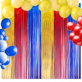 SAVITA 2pcs Foil Fringe Curtains, 6.56x3.28ft Cartoon Foil Fringe Door Tinsel Curtains Shining Wedding Birthday Backdrop Streamers for Rainbow Photo Backdrop Party Decorations (Gold, Red, Blue)