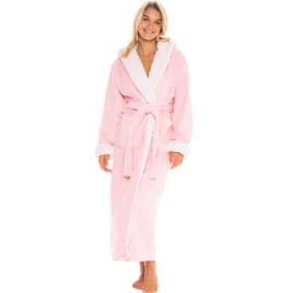 Alexander Del Rossa Women’s Robe, Warm Fleece Hooded Bathrobe with Two Large Front Pockets and Tie Closure, Pink Rose Quartz with Cream Contrast, Small-Medium