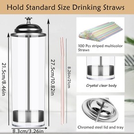 JIZHOUYAO Straw Holder Dispenser 100 PCS Striped Straws Include - Clear Glass Drinking Straw Container with Stainless Steel Lid for Standard Straws, Straw Organizer for Kitchen (Bright Colors)
