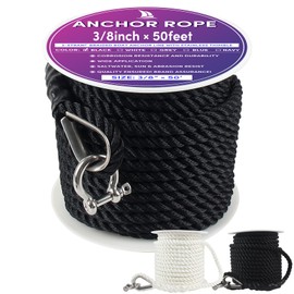 VEITHI Anchor Rope 50 ft x 3/8 inch Black, 3 Strand Anchor Line Boat Rope with Stainless Steel Thimble & Shackle, for Boats Up to 27'