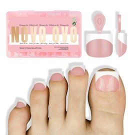 NOVO OVO Extra Short Toe Nail Tips White French Tip BABY PINK Sharp Square Press On, Soft Gel False Fake Toenail Extension Kit, Need Apply Top Coat Buider Gel Nail Glue, Salon DIY x 16 Sizes 224 Pcs