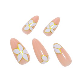 Almond Shape Press On Nails Medium Length Apictseoo French Tip Acrylic Glue on Nails Nude White Flower Design Glossy Stick Full Cover 12 Sizes 24 Pcs Fake False Nail for Women YS-SSHD