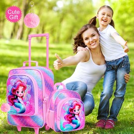 2PCS Girls Suitcase Set, 18" Kids Mermaid Carry on Luggage with Wheels, Cute Travel Rolling with 12" Toddler Backpack(Pink)