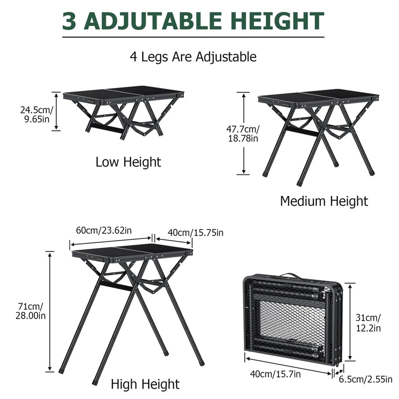 JiGiU Folding Camping Table Pinic Table Height Adjustable Foldable Table