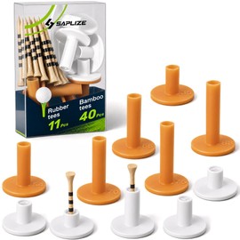 SAPLIZE 51 Pcs Golf Mat Tee Set, 5 Rubber Tee Holders, 6 Straight Rubber Tees & 40 Bamboo Golf Tees, for Practice Mats, Driving Range & Indoor Golf Simulator