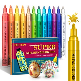 Betem Super Golden Metallic Paint Markers, 12 Colors Metallic Paint Pen Scrapbook Supplies, 2-3mm Medium Tips Glitter Markers for Black Paper, Rock Painting, Ceramic, Wood, Christmas Gifts DIY Crafts