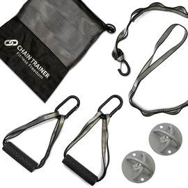 Chain Trainer Advanced - Suspension Trainer - Portable Home Gym - Bodyweight Resistance Multi-functional Workout Equipment 2 Nylon Chain Straps, 2 Ergonomic Handles with Carabiners, 2 Ceiling Anchors, 1 Door Anchor, 1 Mesh Drawstring Travel Bag, Silver