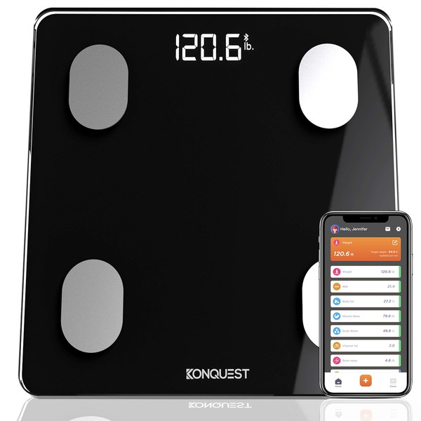 Konquest Premium Smart Digital Bathroom Scale, Wireless Bluetooth, BMI, Body Weight, Body Fat, Body Composition Analyzer with Smartphone App (400 lbs) - Black