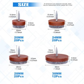 Glarks 72Pcs 20/24/28/38mm Screw-on Furniture Antiskid Felt Pad Slider Floor Protector for Wooden Leg Feet of Chair Table Sofa Stool - Brown