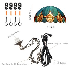 HWDFEI Tiffany Pendant Light Plug in Stained Glass Hanging lamp 12X12X181 Inch Hanging Lamp Living Room Bedroom Kitchen Dining Room Office（Peacock Crystal Style