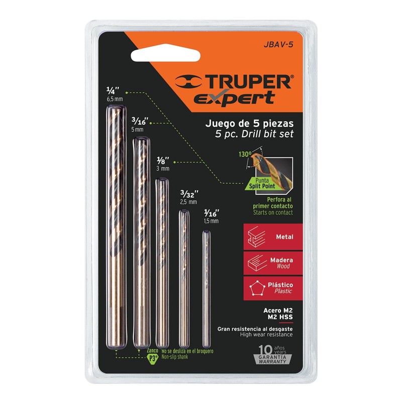 Truper JBAV-5, Juego de 5 brocas alta velocidad, Turbo Steel