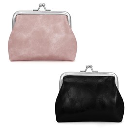 Energather 2pcs Coin Purse, PU Leather Coin Purses for Women and Girls, Exquisite Mini Purse Ladies Small with Kiss Lock for Shopping, Travel, Dating, Black and pink, S, Casual