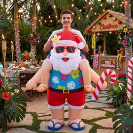 Christmas in July Inflatable Santa Costume Kids Xmas Ride on Inflatables Funny Blow up Santa Claus Suit Summer Christmas Hawaiian Cosplay for Boys Girls