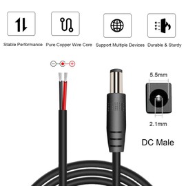 EAHOSUCC 3PCS Short 0.3M/1FT 18AWG DC Power 5.5mm x 2.1mm Barrel Male Plug Connector to Pigtail Cable, 7A DC 5521 Extension Open End Cord for Surveillance Camera Cables,LED Strip Light