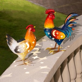 Natelf Solar Rooster Hen Yard Decorations Outdoor Metal Yard Decor Animal Chickens Yard Art for Garden Decor, Lawn Ornament for Porch Backyard Patio Coop Kitchen, Housewarming Gift, Set of 2